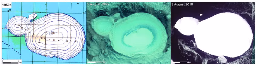 Các nhà nghiên cứu hiện chưa rõ vì sao đảo Mesyatsev tồn tại lâu hơn dự kiến. Tuy nhiên, các chuyên gia trước đó đưa ra một giả thuyết rằng lớp bụi phía trên đảo có thể đã bị sóng hoặc nước mưa cuốn đi. Điều này có thể giải thích lý do vì sao tốc độ tan chảy của đảo Mesyatsev giảm. Ảnh: Researchgate.