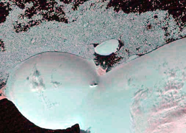 Đảo Mesyatsev bắt đầu tan chảy kể từ khi tách khỏi đảo Eva-Liv nhưng tốc độ tan chảy đã tăng lên trong thập kỷ qua. Năm 2015, diện tích đảo đo được là khoảng 530.000 m2. Ảnh: Rgo.ru.