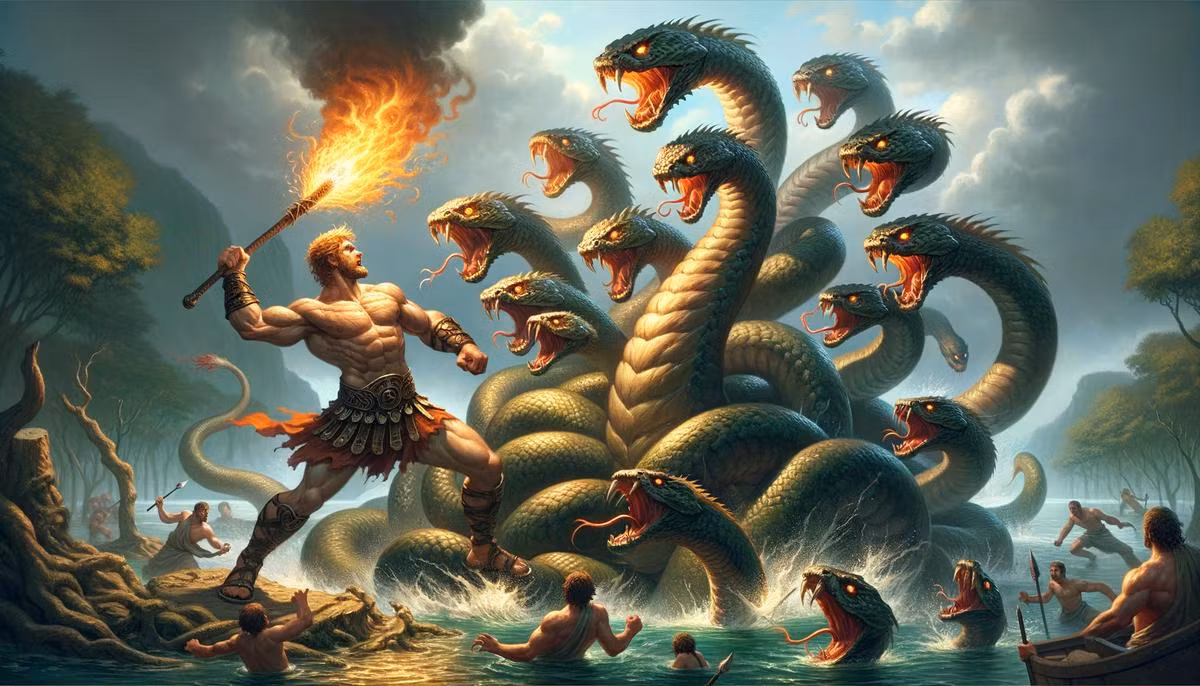Hydra "tác oai tác quái", quấy nhiễu cuộc sống của người dân. Do đó, dũng sĩ Hercules đã chiến đầu và tiêu diệt quái thú này. Nhờ vậy, người dân trở lại cuộc sống bình yên.
