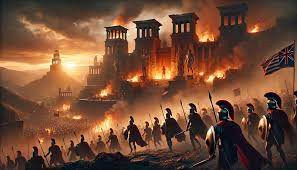 Đến đêm, binh sĩ Hy Lạp ẩn nấp bên trong ngựa gỗ xông ra bên ngoài và phối hợp với lực lượng bên ngoài thành tấn công kẻ địch. Do bị tấn công bất ngờ nên cuối cùng thành Troy bị lực lượng Hy Lạp đánh bại.