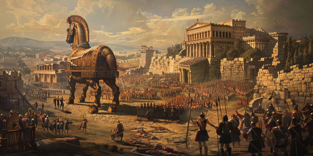 Kế đến, người Sparta bí mật đẩy con ngựa gỗ đó đến gần nơi đóng quân của thành Troy. Khi nhìn thấy con ngựa gỗ đó, người dân thành Troy cứ ngỡ đó là quà do Chúa trời ban tặng nên đẩy vào bên trong thành.