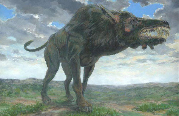 4. Lợn "địa ngục" có kích thước khủng bố nhất Lợn Daeodon shoshonensis.Lợn "địa ngục" hay Entelodon thực ra là một họ sinh vật tiền sử (đã tuyệt chủng) có liên hệ gần với lợn hiện đại. Tuy nhiên, các phân tích gần đây cho thấy chúng cũng có mối quan hệ gần gũi với cá voi và hà mã hơn, nên xét trên một vài góc độ nó không được tính vào họ lợn. Entelodon có hình dáng khá giống lợn, nhưng chúng to lớn và hung dữ hơn rất nhiều, với hàm răng sắc nhọn có thể xé xác bất cứ con mồi nào. Loài lớn nhất trong họ là Daeodon shoshonensis sở hữu cân nặng ước tính gần 1 tấn, với chiều cao ngang vai là 1,8 m. Ấn tượng mạnh nhất của loài là chiếc đầu dài khoảng 90 cm với bộ hàm đầy "khủng bố". Thế nhưng não của chúng chỉ to bằng cỡ quả cam, cho nên tuy khá đáng sợ nhưng có lẽ đây không phải loài vật thông minh cho lắm!