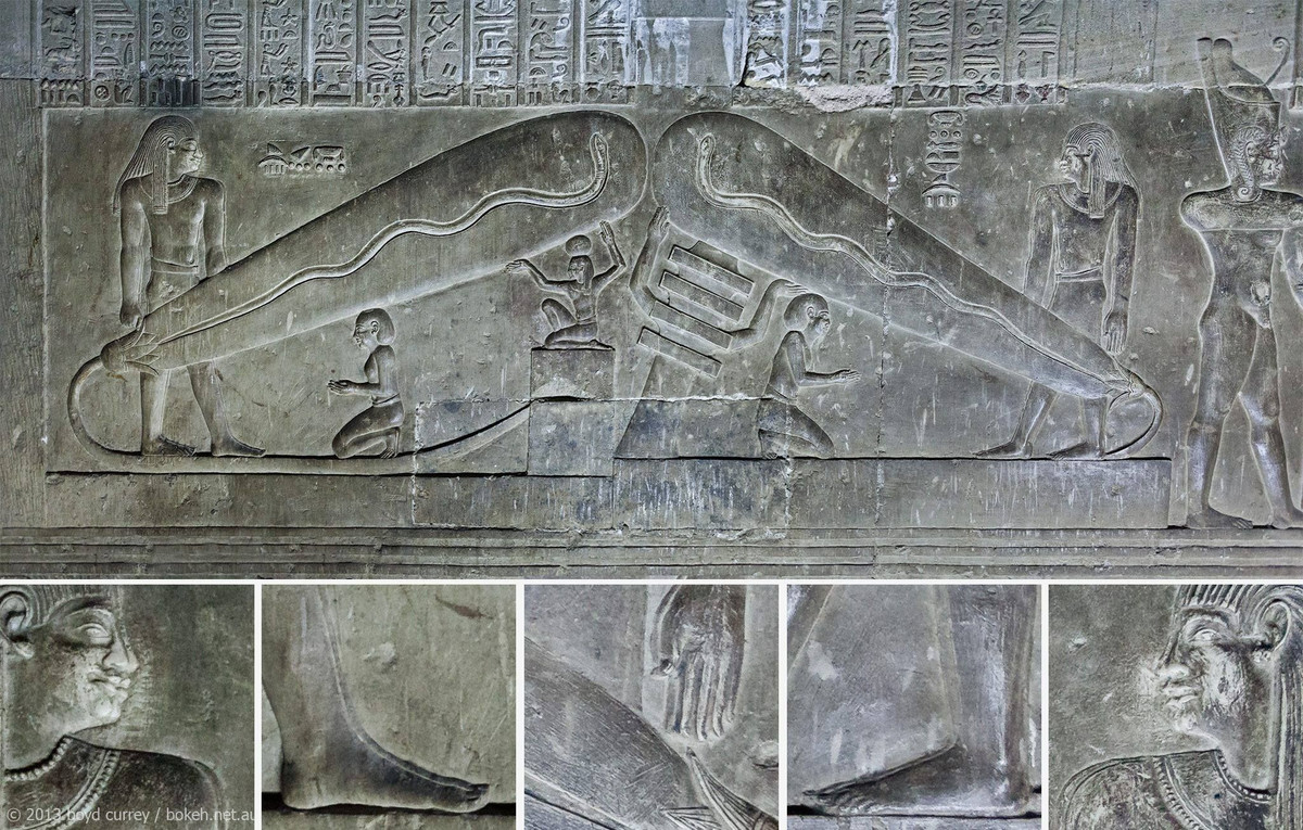 Theo các chuyên gia, trên bức tường bên trong đền thờ thần Hathor, tia electron được thể hiện bằng con rắn vươn dài.