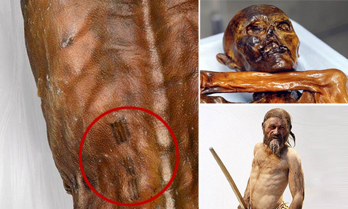 Thi hài Otzi hơn 5.000 tuổi với nhiều hình xăm trên da được phát hiện trên dãy Alps vào năm 1991.