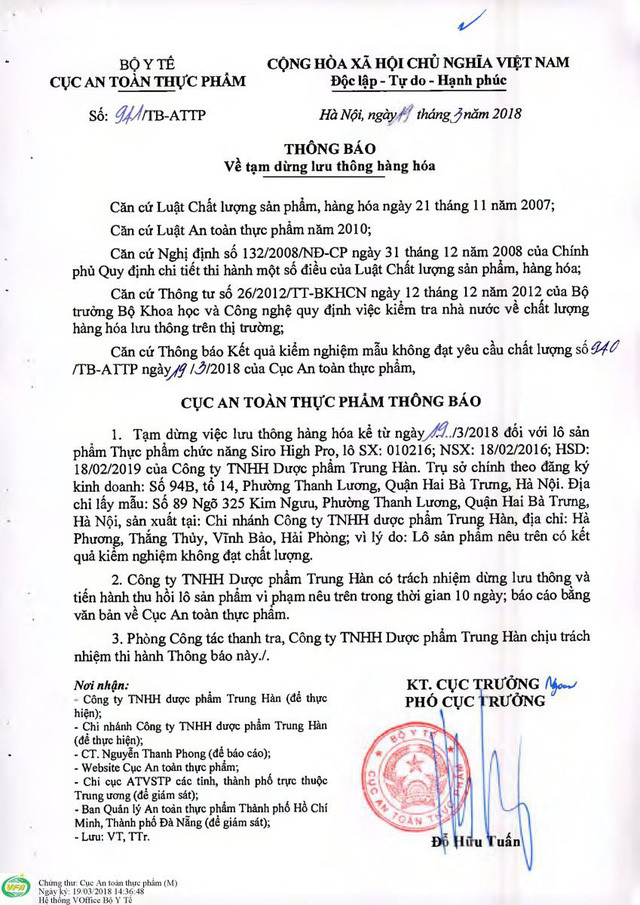 Thu hoi thuc pham chuc nang Siro High Pro va Ginkgo 600