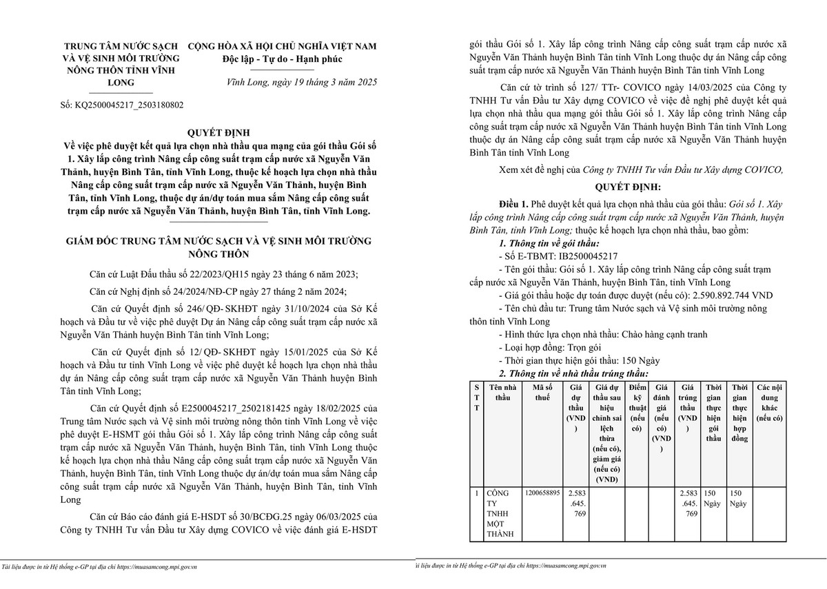 Goi thau nang cap tram cap nuoc tai Vinh Long: Tiet kiem ngan sach 7 trieu dong