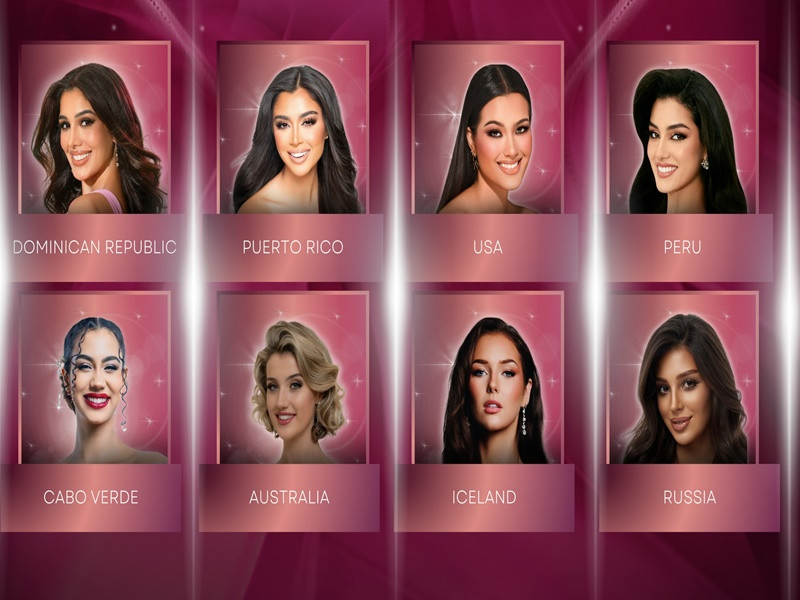 Các thí sinh vào top 8 gồm Úc, Iceland, Peru, Mỹ, Nga, CH Dominica, Cabo Verde và Puerto Rico. Ảnh: FB Miss Earth.
