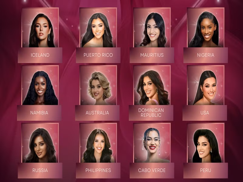 Top 12 gồm Úc, Iceland, Peru, Mỹ, Nga, CH Dominica, Cabo Verde, Puerto Rico, Mauritius, Nigeria, Namibia và Philippines. Ảnh: FB Miss Earth.