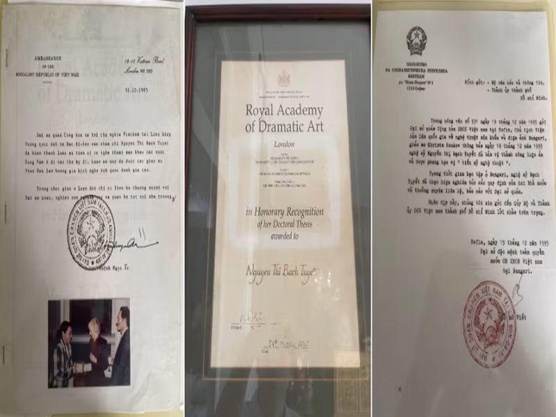 Đại diện NSND Bạch Tuyết nhanh chóng cung cấp giấy tờ chứng minh việc học và được cấp bằng tiến sĩ của nữ nghệ sĩ. Phía NSND Bạch Tuyết cho biết, thời điểm năm 1995, việc nữ nghệ sĩ xin phép xuất ngoại du học cần có sự xác nhận của Nhà nước, trong đó có giấy cho phép của Bộ Văn hóa. Quá trình học tập và hoàn thành cũng được báo cáo đầy đủ để cơ quan quản lý nắm rõ. Ảnh: Vietnamnet.