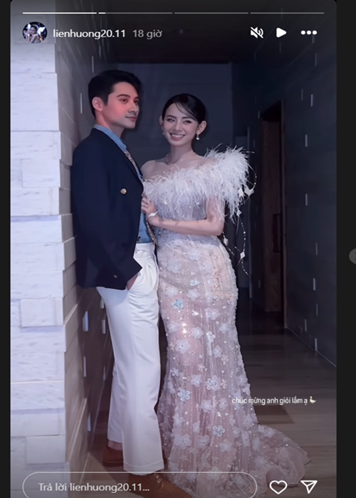 Khi Tuấn Ngọc giành danh hiệu Á vương 1 cuộc thi Nam vương Thế giới 2024, Hương Liên đăng tải bức ảnh bên bạn trai, đồng thời viết: "Chúc mừng anh, giỏi lắm ạ!". Ảnh: Instagram Hương Liên.