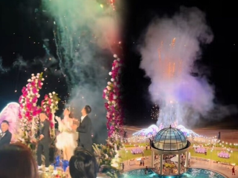 Đám cưới của Thanh Đoàn - Hà Trí Quang có pháo hoa màu cầu vồng. Ảnh: Người Đưa Tin.