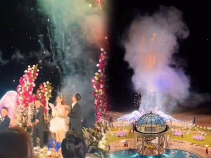 Đám cưới của Thanh Đoàn - Hà Trí Quang có pháo hoa màu cầu vồng. Ảnh: Người Đưa Tin.