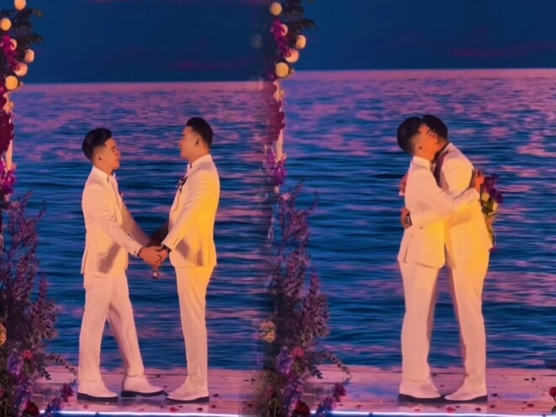 Hà Trí Quang và bạn đời diện vest trong hôn lễ. Ảnh: Người Đưa Tin.