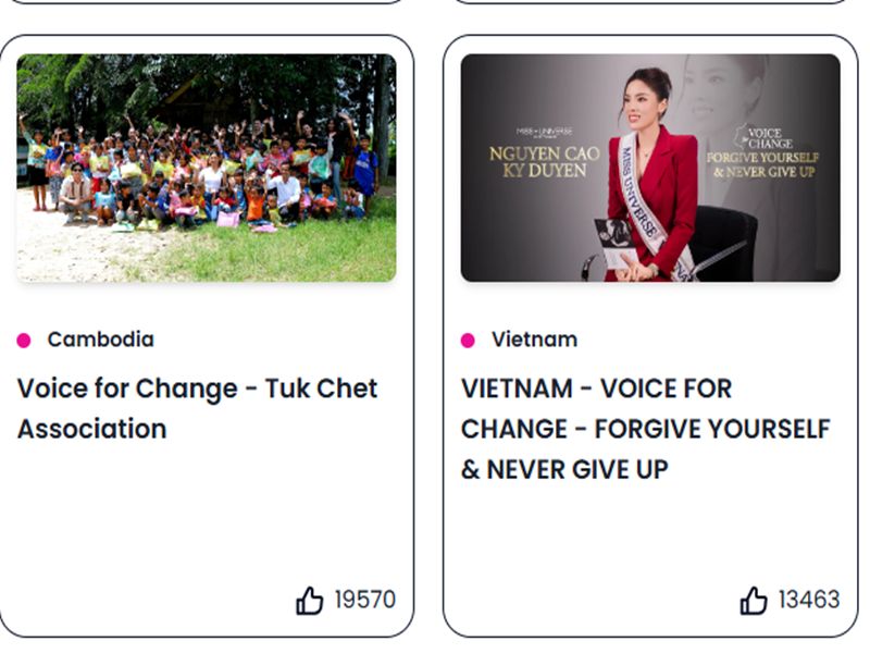 Trong top 20 hiện tại ở hạng mục Voice For Change ở Miss Universe 2024, Hoa hậu Kỳ Duyên xếp thứ 11. Ảnh chụp màn hình.