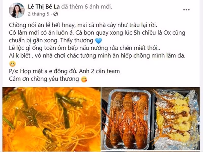 Trên trang cá nhân, Lê Bê La khoe chồng phụ giúp việc nhà từ nấu nướng đến rửa bát. Theo nữ diễn viên, những ngày cô phải dậy sớm đi làm, chồng cũng dậy lúc 5h sáng để nấu cơm cho cô mang theo.