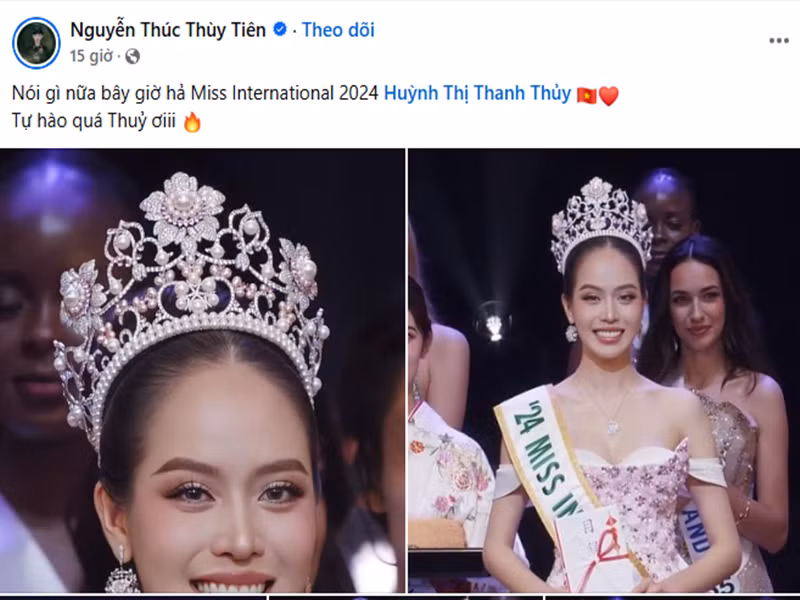 Sau khi đăng quang, Thanh Thủy nhận được lời chúc mừng từ nhiều sao Việt. Ảnh chụp màn hình.