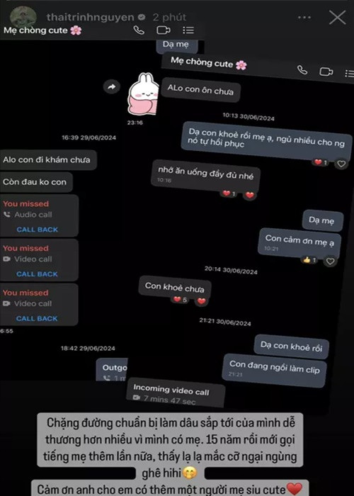 Thái Trinh khoe được mẹ chồng dặn dò ăn uống khi bị ốm. "Chặng đường chuẩn bị làm dâu sắp tới của mình dễ thương hơn nhiều vì mình có mẹ. 15 năm rồi mới gọi tiếng mẹ thêm lần nữa, thấy lạ mắc cỡ ngại ngùng ghê", nữ ca sĩ bày tỏ.