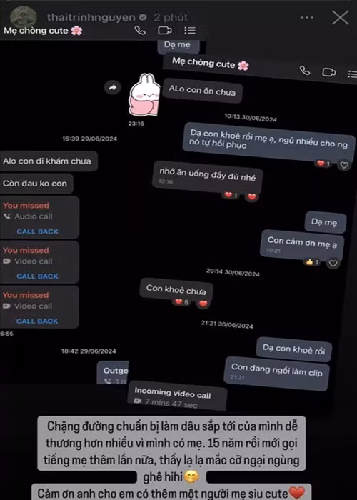 Thái Trinh khoe được mẹ chồng dặn dò ăn uống khi bị ốm. "Chặng đường chuẩn bị làm dâu sắp tới của mình dễ thương hơn nhiều vì mình có mẹ. 15 năm rồi mới gọi tiếng mẹ thêm lần nữa, thấy lạ mắc cỡ ngại ngùng ghê", nữ ca sĩ bày tỏ.