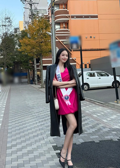 Đại diện Việt Nam diện chiếc đầm hồng gợi cảm trong một hoạt động của cuộc thi. Ảnh: FB Thanh Thủy.