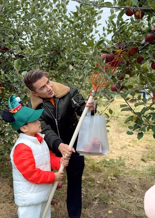 Nam ca sĩ đưa con trai đi thu hoạch táo. Ảnh: FB Đàm Vĩnh Hưng.