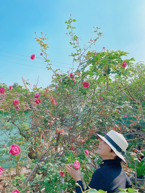 Nghệ sĩ Minh Hằng chăm sóc vườn hoa lúc rảnh rỗi.