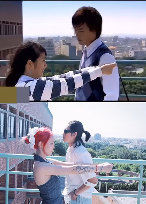 Yee Pink và Quang Đăng đóng lại cảnh tỏ tình trong phim Thơ ngây. Ảnh: Instagram Yee Pink.