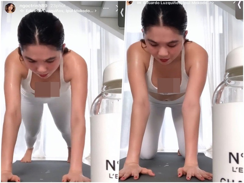 Chân dài gốc Trà Vinh từng suýt bị hớ hênh khi lựa chọn góc quay từ dưới lên lúc tập luyện. Ảnh: FB Ngọc Trinh.