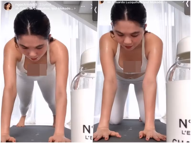 Chân dài gốc Trà Vinh từng suýt bị hớ hênh khi lựa chọn góc quay từ dưới lên lúc tập luyện. Ảnh: FB Ngọc Trinh.