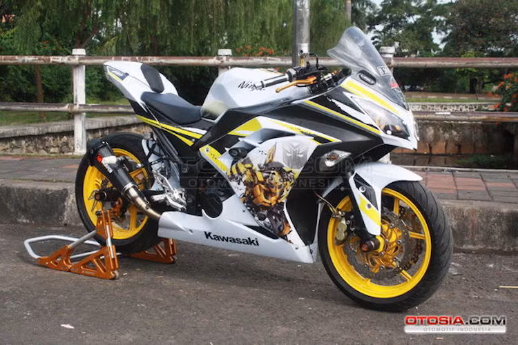 Đầu tiên, toàn bộ dàn vỏ của chiếc Kawasaki Ninja 300 này đã được biker giấu tên từ Indonesia tháo ra sơn lại trong tông màu trắng chủ đạo, kèm theo hình vẽ airbrush nhân vật robot Bumblebee cùng logo của series phim "bom tấn" Transformers.