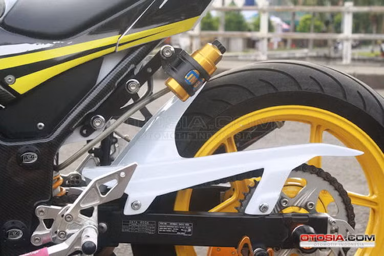 Mâm Ninja ZX-10R cho phép chủ xe có thể lắp lốp với bề rộng lên tới 180 mm cho bánh sau. Ngoài ra, phuộc sau nguyên bản cũng được thay bằng phuộc Ohlins với bình dầu rời.