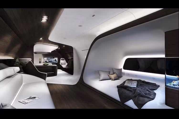 Các cửa sổ nhìn ra bên ngoài có thể đổi màu bằng một nút bấm, khoang máy bay siêu sang này còn được trang bị một bể cá trang trí.