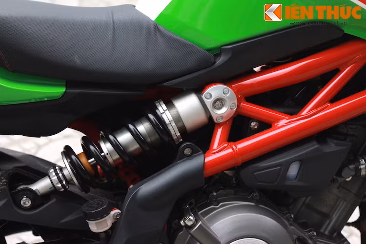 Giảm xóc sau của xe có dạng monoshock, nhưng được đặt lệch về bên phải và gắn trực tiếp vào khung xe dạng Trellis chắc chắn.