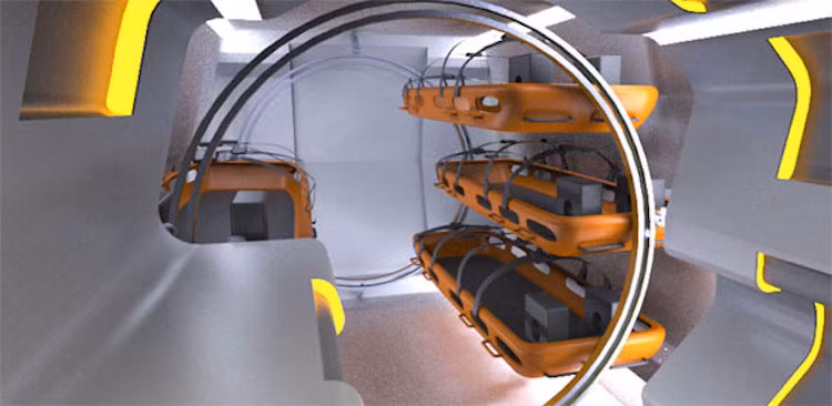 Các giường bệnh được gắn trên hai ray trượt hình tròn trong khoang cứu thương, tự động giữ trạng thái cân bằng bất kể thân xe ở vị trí nào đi nữa.