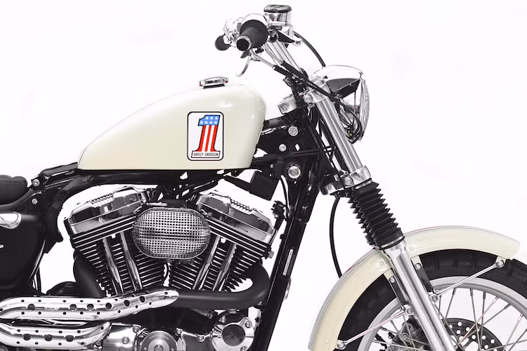 Greg đã gò 2 bình xăng với kích thước khác nhau để sử dụng tuỳ từng hoàn cảnh, trong ảnh là bình xăng nhỏ, Ngoại trừ đèn pha, mọi đèn chiếu sáng khác của chiếc XL1200C đã bị loại bỏ. Thay vào đó là đèn phanh giấu ở khung sau và đèn xi-nhan gắn gù của Motogadget.