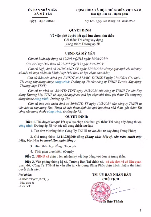 Long An: Cong ty Dang Phuc thi cong 2 goi thau tai xa My Yen