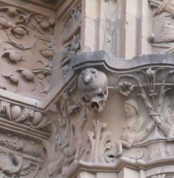 Trong bức tranh chạm khắc đó có ẩn giấu một hộp sọ người với con ếch tạo trên đỉnh. Hình chạm khắc này khá cổ vì mặt tiền đó được thi công vào năm 1529.