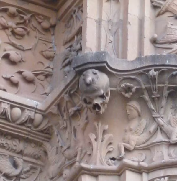 Trong bức tranh chạm khắc đó có ẩn giấu một hộp sọ người với con ếch tạo trên đỉnh. Hình chạm khắc này khá cổ vì mặt tiền đó được thi công vào năm 1529.