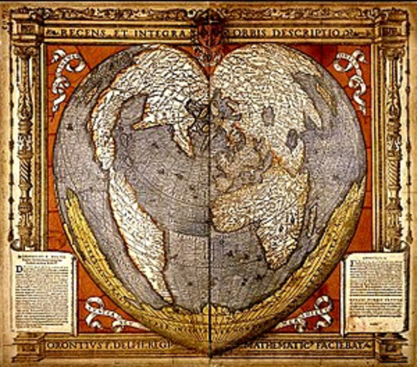 Bản đồ thế giới Oronce Finé được tạo ra vào năm 1534, là một dạng biểu đồ hình quả tim thời kỳ đầu, biểu lộ các đặc điểm của Nam Cực khi lục địa này chưa bị băng tuyết bao phủ.