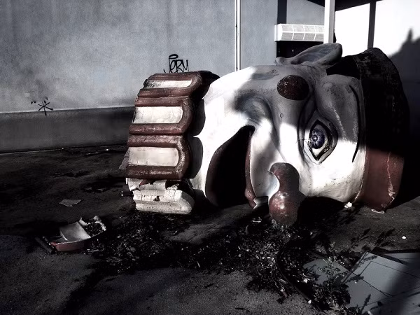 Những bức tượng chú hề, nàng tiên cá và nhân vật Mardi Gras giờ đây đã vỡ nát, lăn lóc dưới đất khiến người ta không khỏi ớn lạnh khi vô tình vấp phải.