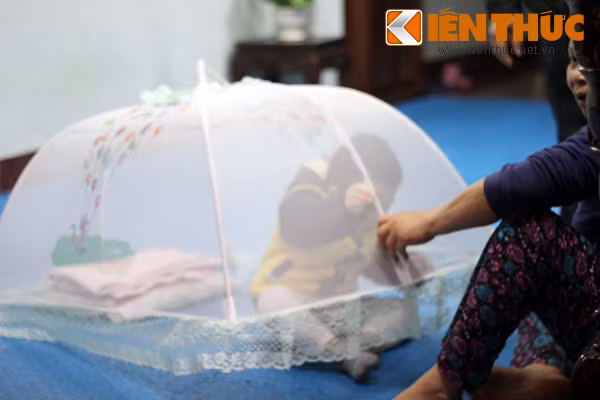 Cũng bởi muỗi quá nhiều nên cứ đi học hay đi chơi về là nhiều em nhỏ ở phường Tứ Liên phải chui vào bên trong những chiếc màn nhỏ để tránh muỗi.