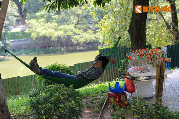 Người bán hàng này mắc võng ngủ say dưới tán cây, bỏ mặc quầy hàng bên cạnh. Theo dự báo, đợt nắng nóng gay gắt này còn kéo dài nhiều ngày nữa mới kết thúc.