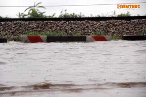 Ông Nguyễn Tuấn Tạc (số nhà 159, Quán Gánh, Thường Tín, Hà Nội) cho biết:"Mưa xuống là hơn 200m đoạn đường này y rằng chìm sâu trong nước. Trong trường hợp nếu trời còn mưa, thì nước ngập tràn cả vào nhà dân chúng tôi, còn nếu không mưa thì đến 2, 3 ngày sau nước mới dần rút xuống". Ảnh: Mạnh Hưng