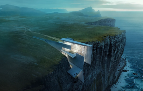 Alex Hogrefe đã thiết kế ngôi nhà này, được hình dung là bám vào mép của một vách đá ở Iceland, trở thành một phần mở rộng của môi trường tự nhiên.