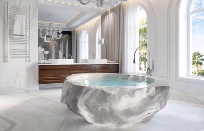 Dinh thự XXII Carat Villa ở Dubai sở hữu phòng tắm thuộc phòng ngủ chính làm bằng đá pha lê có giá 1 triệu USD. Dinh thự XXII Carat Villa có giá từ 10,5 triệu USD.