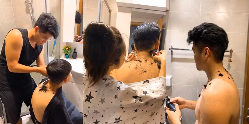 Bé Cà Pháo (con trai Lê Phương) hào hứng khi được bố dượng Trung Kiên tạo kiểu tóc mới tại nhà trong mùa dịch. Ngay sau đó, nữ diễn viên cũng trổ tài xén phần tóc sau gáy cho chồng rất điệu nghệ.