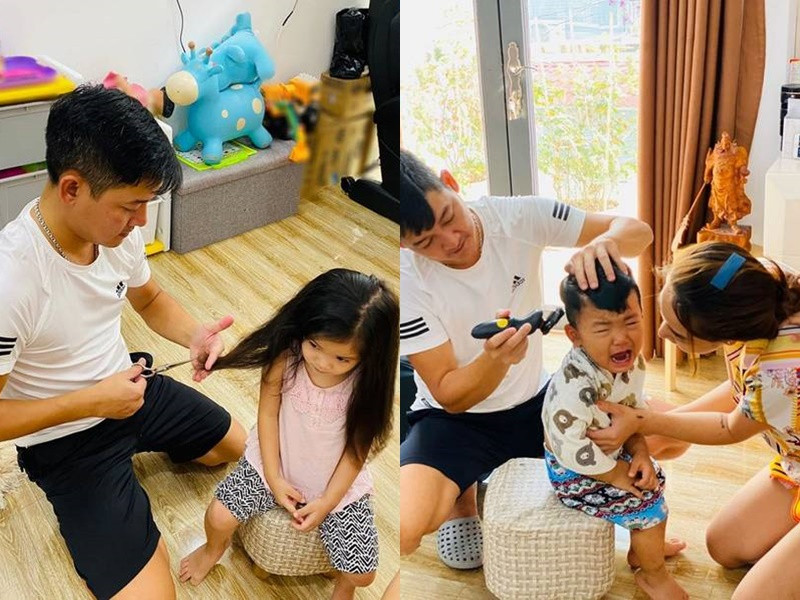 Vợ chồng ca sĩ Hải Băng – diễn viên Thành Đạt đã phải vất vả lắm mới có thể cắt tóc cho những đứa con. “Chỉ là cắt tóc thôi mà lần nào cũng như đánh giặc… cắt xong tóc cho 3 đứa hơn xông hơi”- Hải Băng than thở.