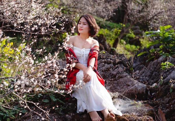 Các thiếu nữ đọ sắc bên hoa mận nở trắng muốt trên cao nguyên lộng gió.