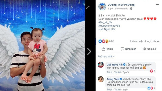 Bà xã Dương Thùy Phương chúc mừng sinh nhật Quế Ngọc Hải bằng cách thay ảnh đại diện trang cá nhân là bức hình anh chụp chung với con gái Sunny. "Hai bạn một đời bình an. Luôn khỏe mạnh, vui vẻ và hạnh phúc", nàng WAGs viết. Về chung nhà từ cuối năm 2017, hai vợ chồng luôn thể hiện tình cảm thắm thiết, không ngại dành những lời yêu thương mỗi dịp đặc biệt.