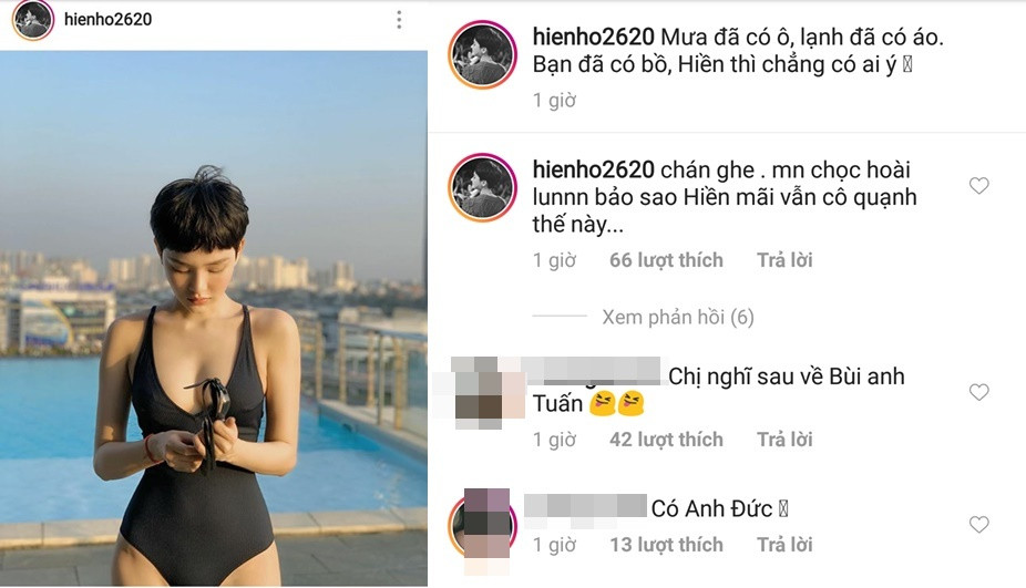 Khoe hình diện bikini phô ra những đường cong nóng bỏng, Hiền Hồ than thở với cư dân mạng khi suốt ngày bị gán ghép với diễn viên Anh Đức: “Chán ghê, mọi người chọc hoài luôn bảo sao Hiền vẫn mãi cô quạnh như thế này”.