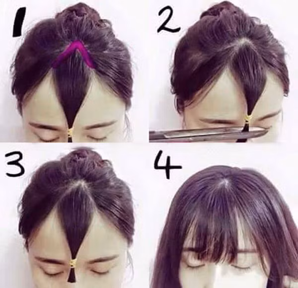 Cách 1: Bạn cần chuẩn bị kéo, lược và một cọng dây chun: Bước 1: Lấy 1 lọn tóc nhỏ chính giữa trán vào phần chân tóc tạo thành hình mũi tên. Dùng thun buộc búi tóc này lại. Bước 2: Dùng kéo cắt lọn tóc phía trước trán thật đều và có độ dài phải quá lông mày một chút. Bước 3: Sau khi cắt xong, có thể điều chỉnh lại độ dài của lọn tóc cho phù hợp với chiều dài mái mình mong muốn. Bước 4: Gỡ bỏ cọng thun buộc tóc ra và chúc mừng, bạn đã có tóc mái ngố vô cùng đáng yêu như ý muốn.